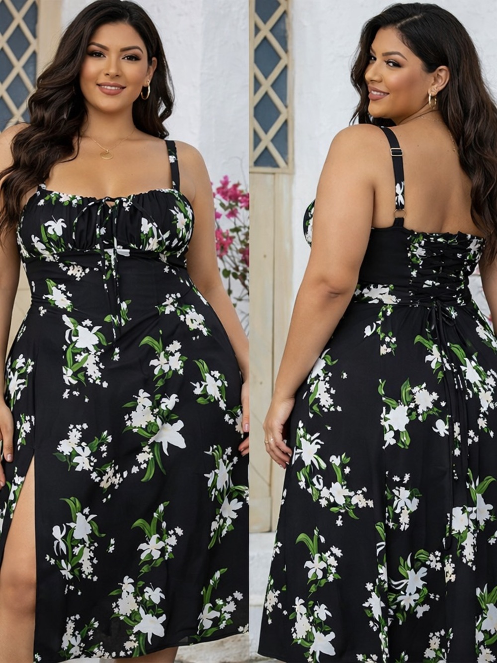 Black Floral Bustier Midi Dress with Thigh Slit